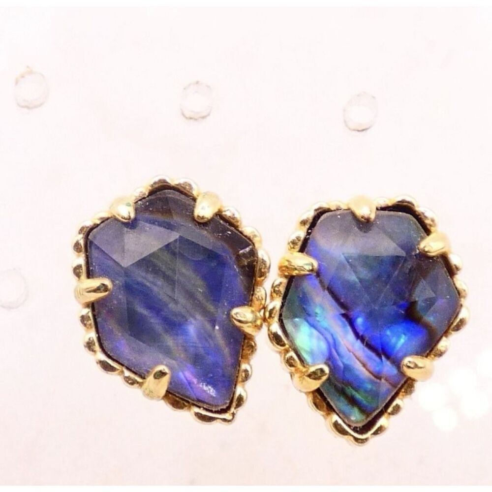 Kendra Scott Tessa Gold Tone Abalone Shell Stud Earrings Blue Green Iridescent